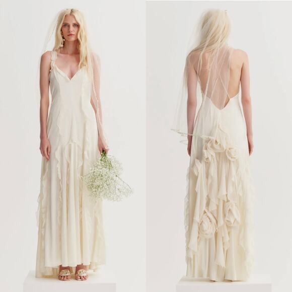 NWT For Love & Lemons Leonie Satin Ruffle Bridal Gown in Ivory Size XXS - Picture 1 of 11